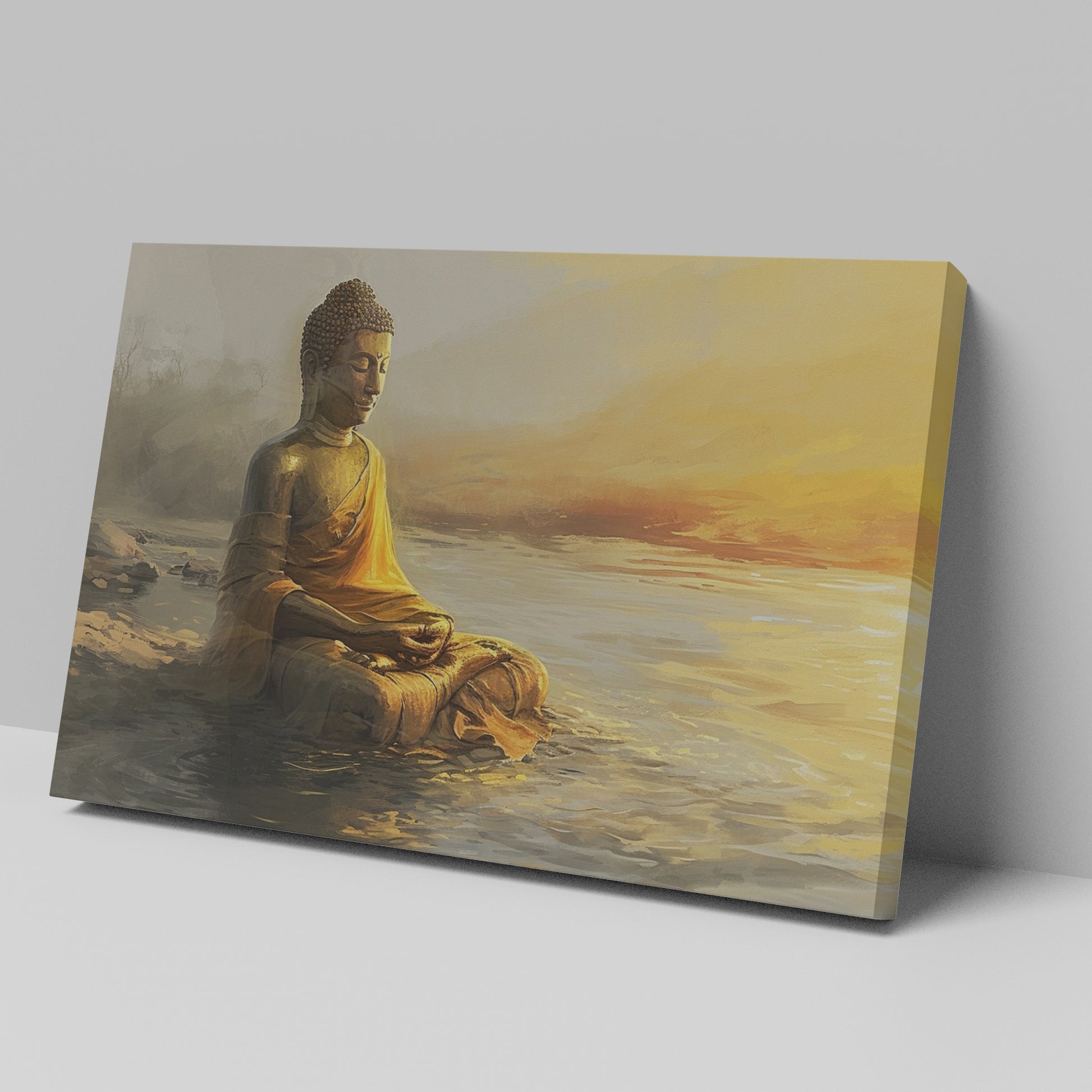 Wall canvas print of a meditative Buddha statue in golden and orange hues reflecting on tranquil waters at sunrise.