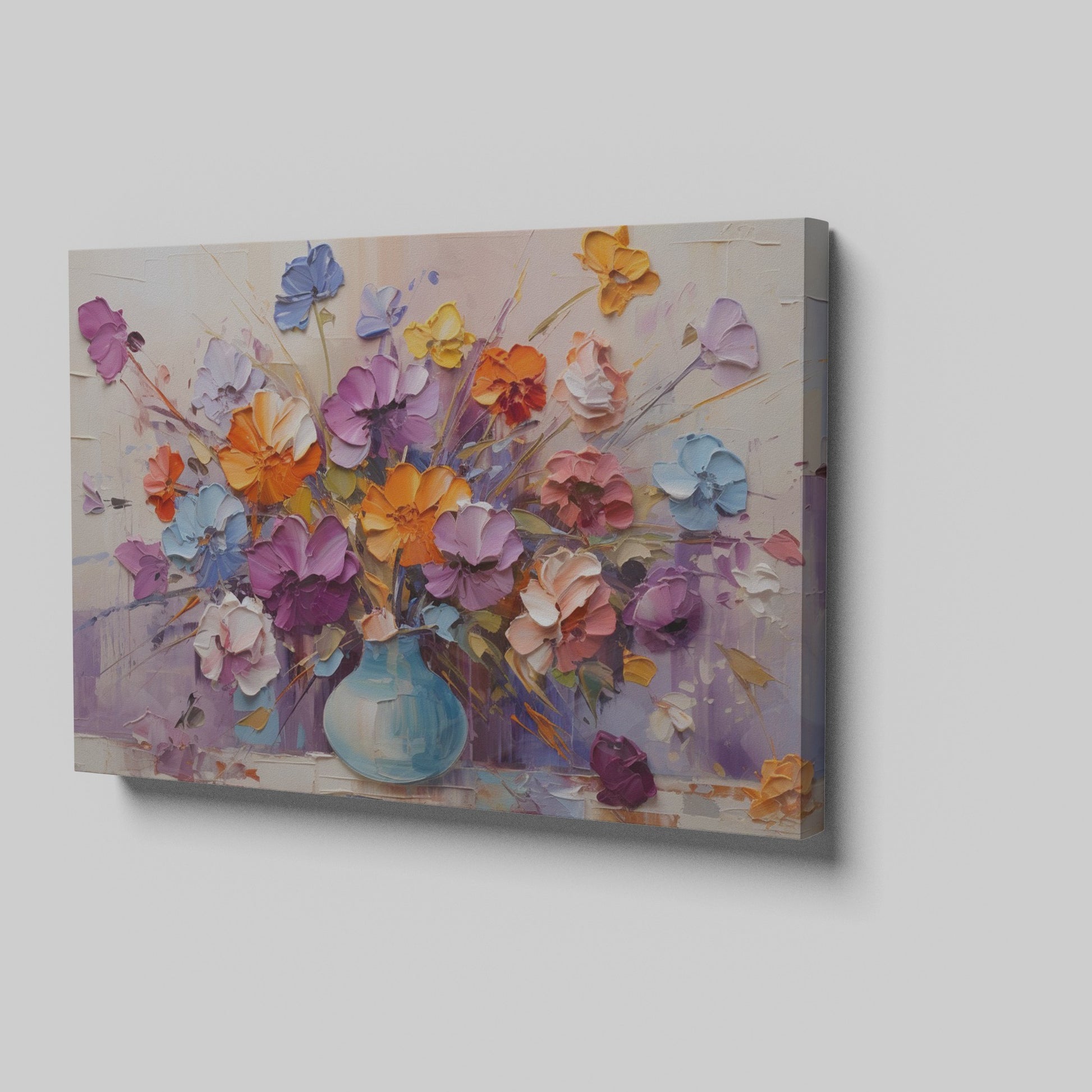 Framed canvas print of vibrant impasto bouquet in a vase with rich textures and colours