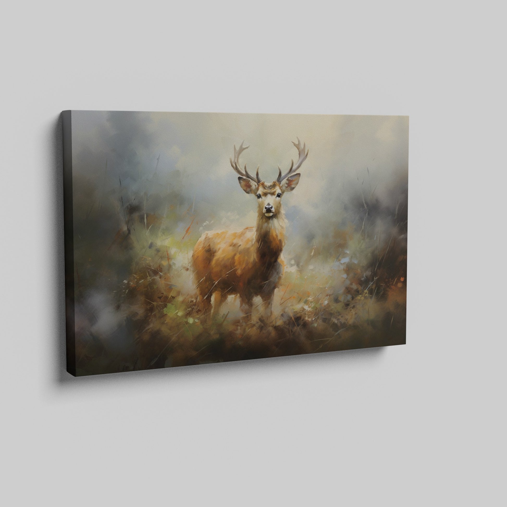 Framed canvas print of an impressionist painting of a stag in a misty autumn forest