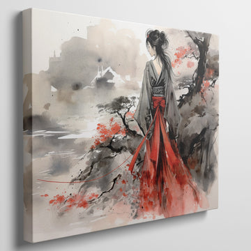 Framed canvas print of a traditional geisha in vibrant red, set against an oriental landscape with ink wash