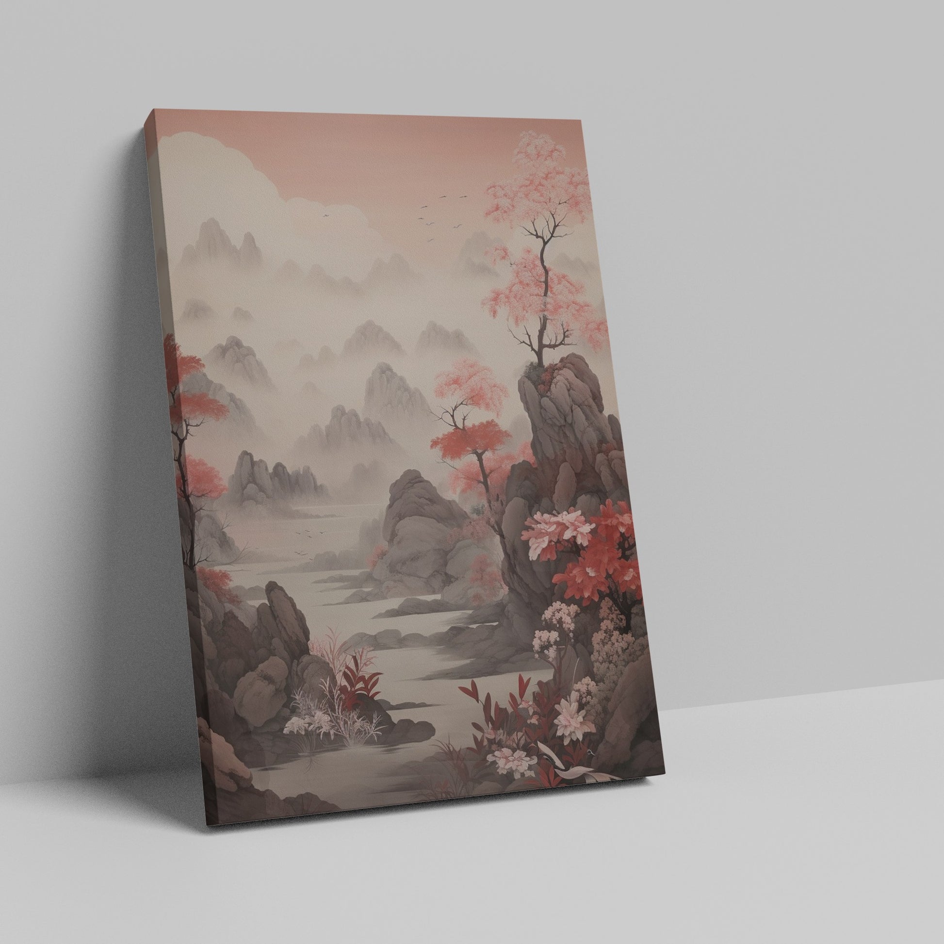 Framed canvas print of Oriental landscape with cherry blossoms and misty mountains