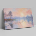 Framed canvas print of an impressionist painting depicting a serene lakeside sunrise with pastel pink and blue hues