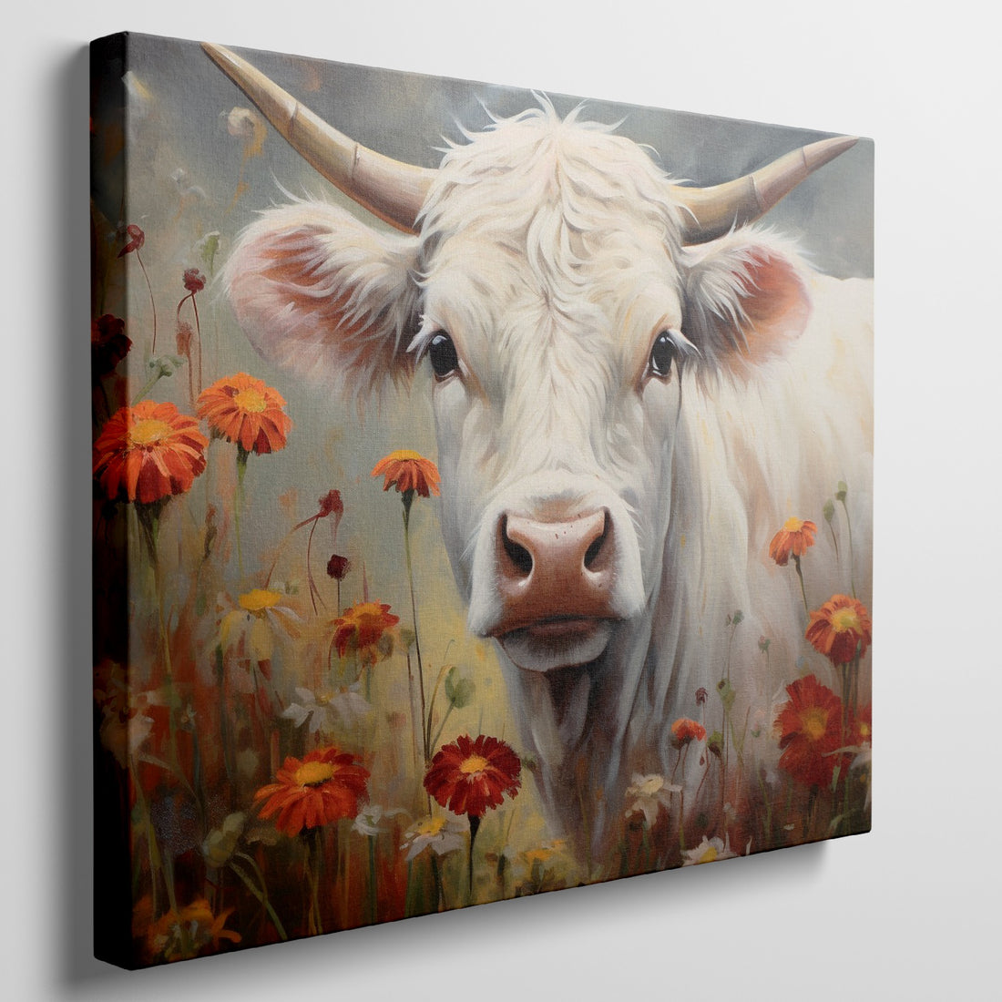 Framed canvas print of realistic cow in a floral setting with warm tones