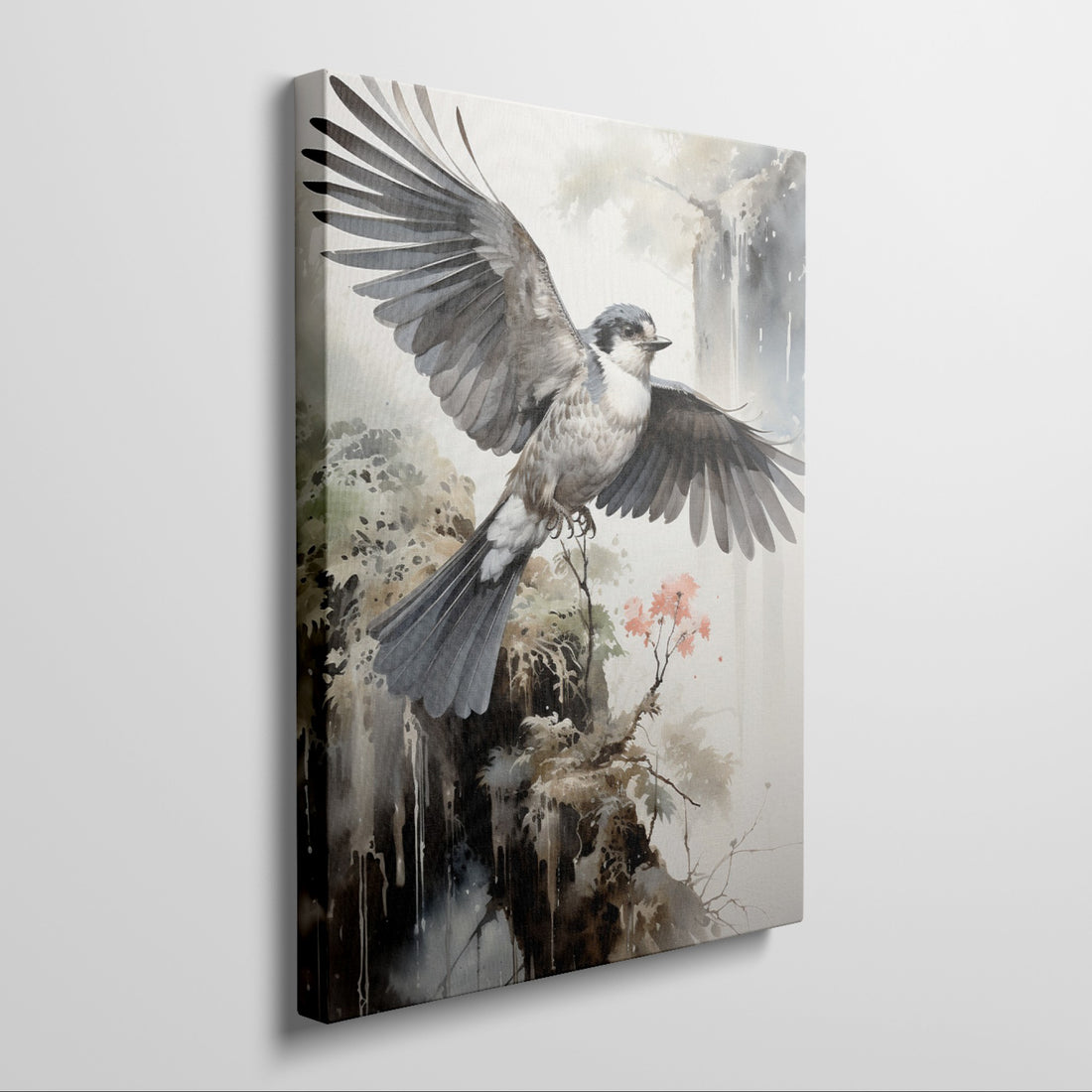 Framed canvas print of a majestic bird in flight with Asian inspired watercolour background