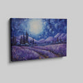 Framed canvas print of an impressionist-inspired landscape with lavender fields and swirling night sky