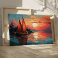 Framed canvas print of a stylised sunset seascape with a sailboat