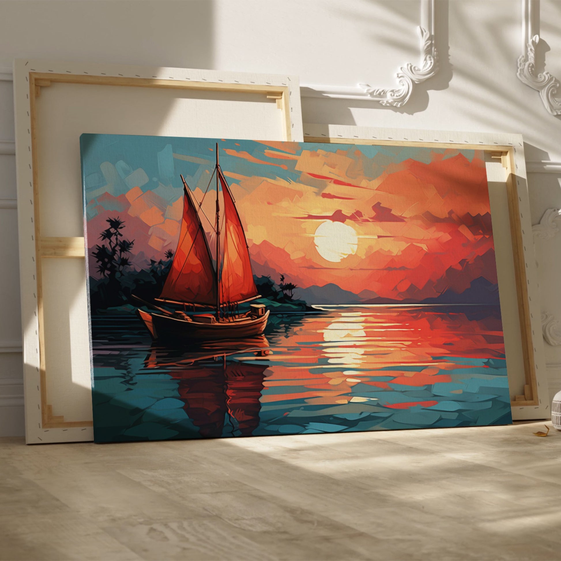 Framed canvas print of a stylised sunset seascape with a sailboat