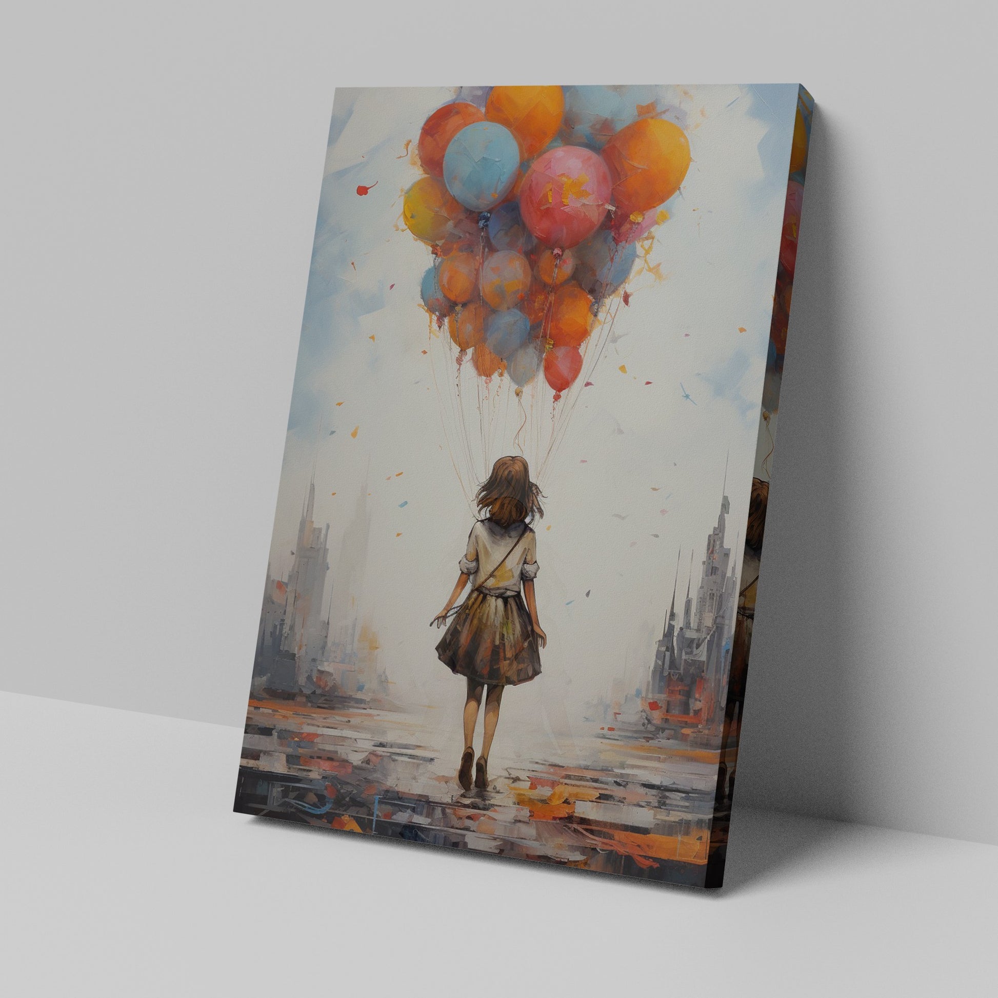 Framed canvas print of a youthful figure standing before an urban skyline, holding a cluster of colourful balloons