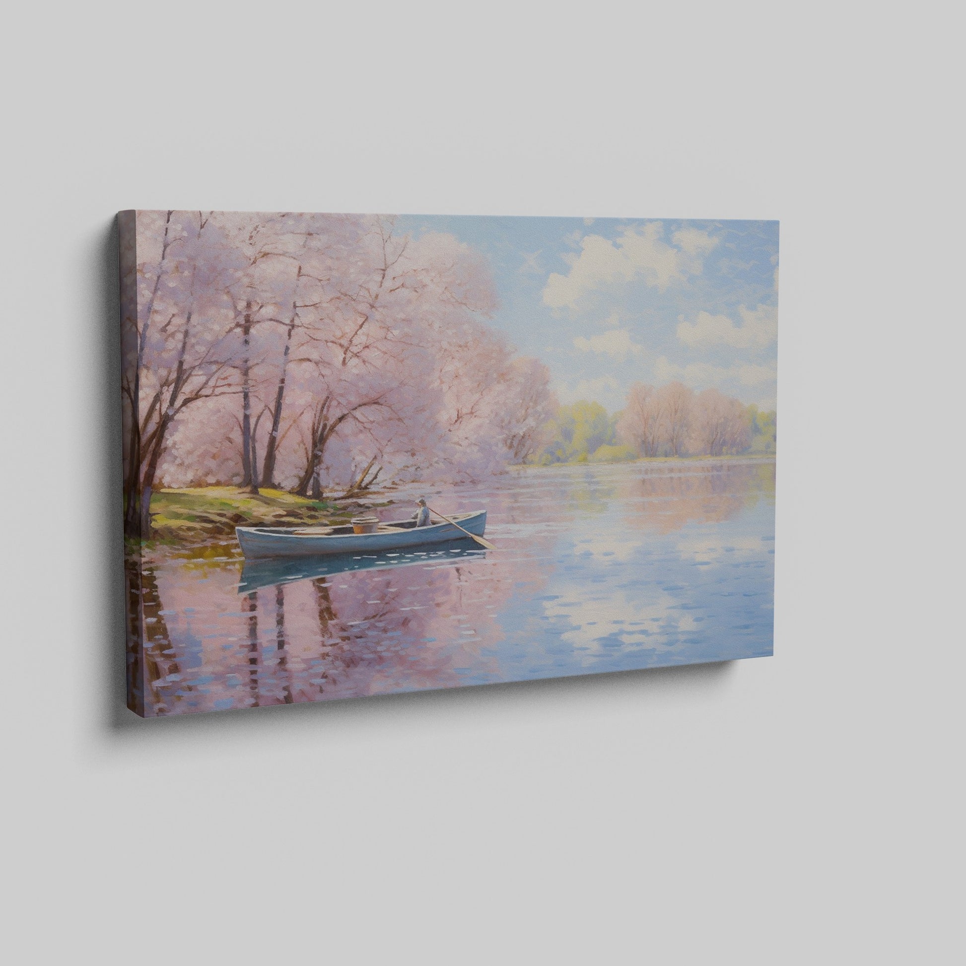 Framed canvas print of a serene river scene with cherry blossoms and a small boat