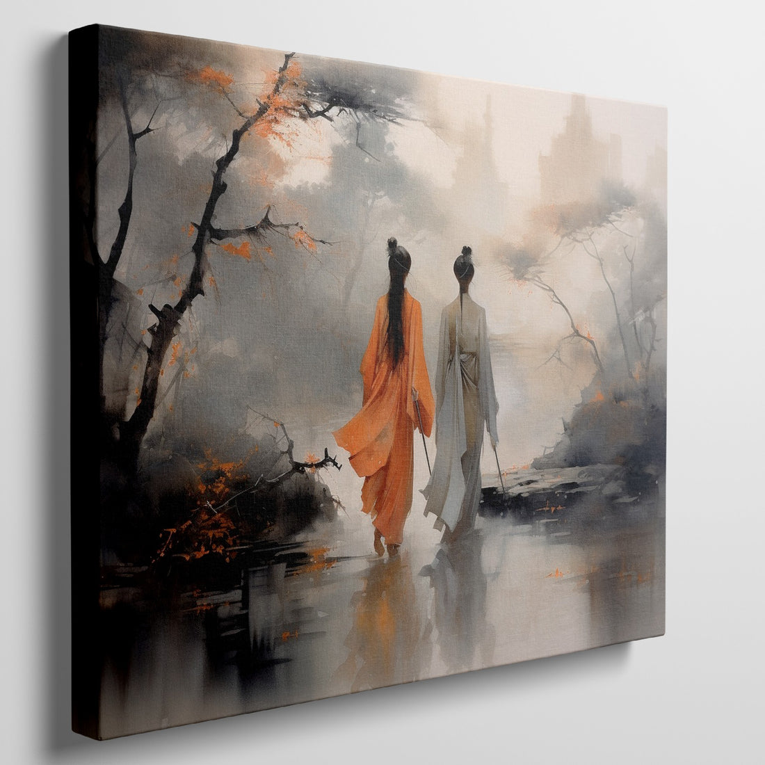 Framed canvas print of Oriental landscape painting with two figures in traditional Chinese attire walking beside reflective water