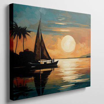 Abstract tropical sunset with a silhouetted sailboat at sea under a large sun with palm trees and calm water reflections.