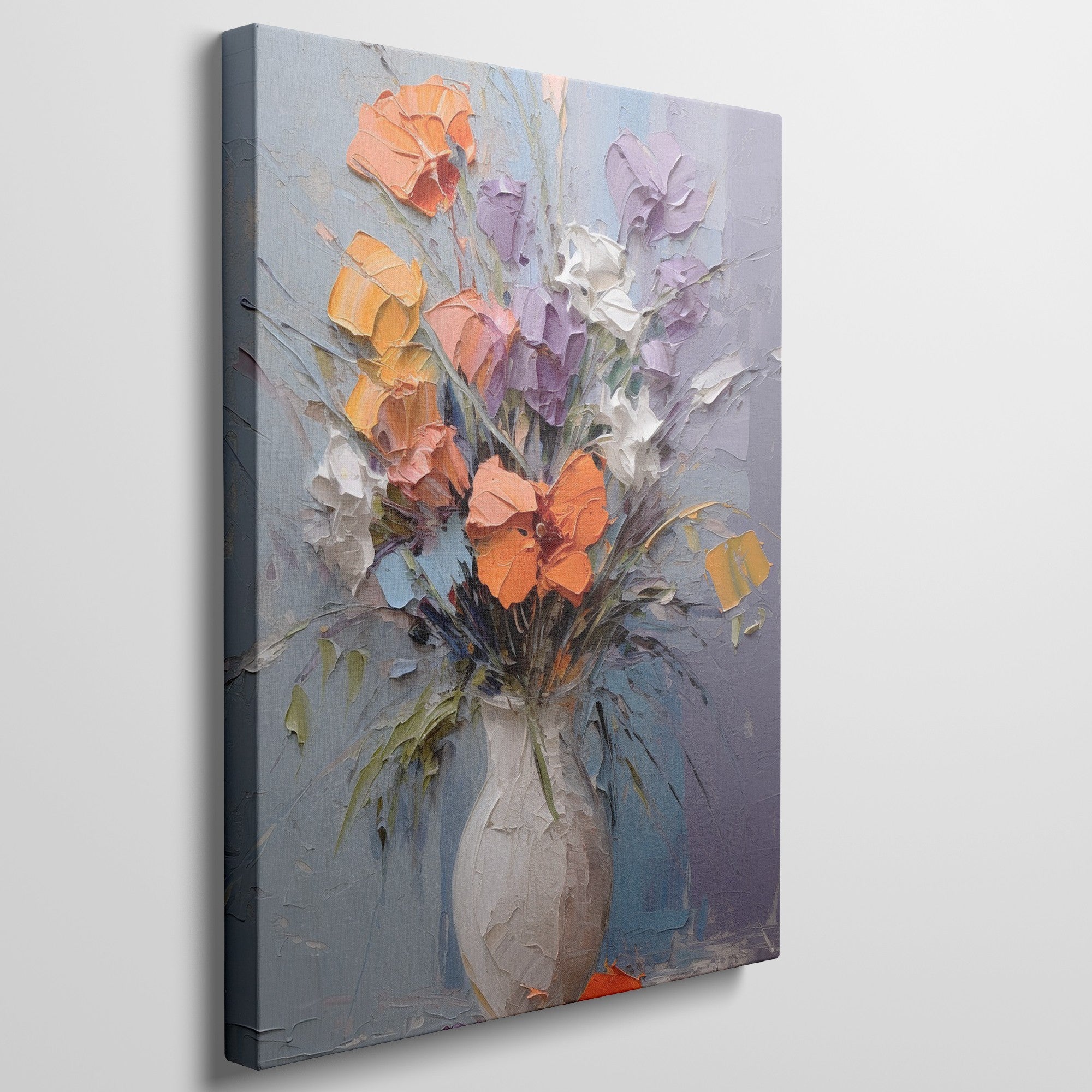 Framed canvas print of vibrant impasto flowers in a vase with rich textures