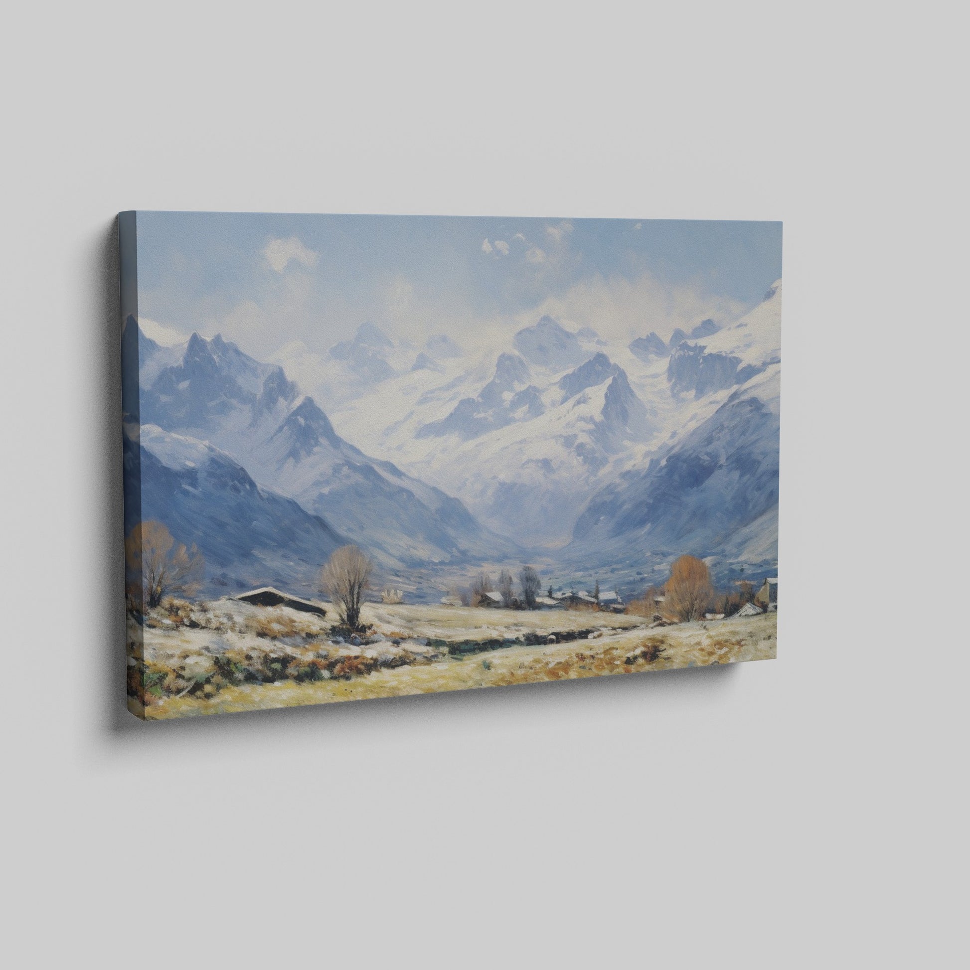 Framed canvas print of an impressionist painting featuring a snowy mountain landscape with an alpine village