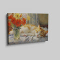 Framed canvas print of a ginger cat sleeping beside vibrant red tulips and yellow daffodils