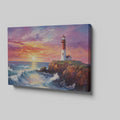 Impressionist painting of a lighthouse at sunset with vibrant red and blue tones and dynamic waves