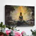 Framed canvas print of a meditative woman at an ancient temple with warm golden hues