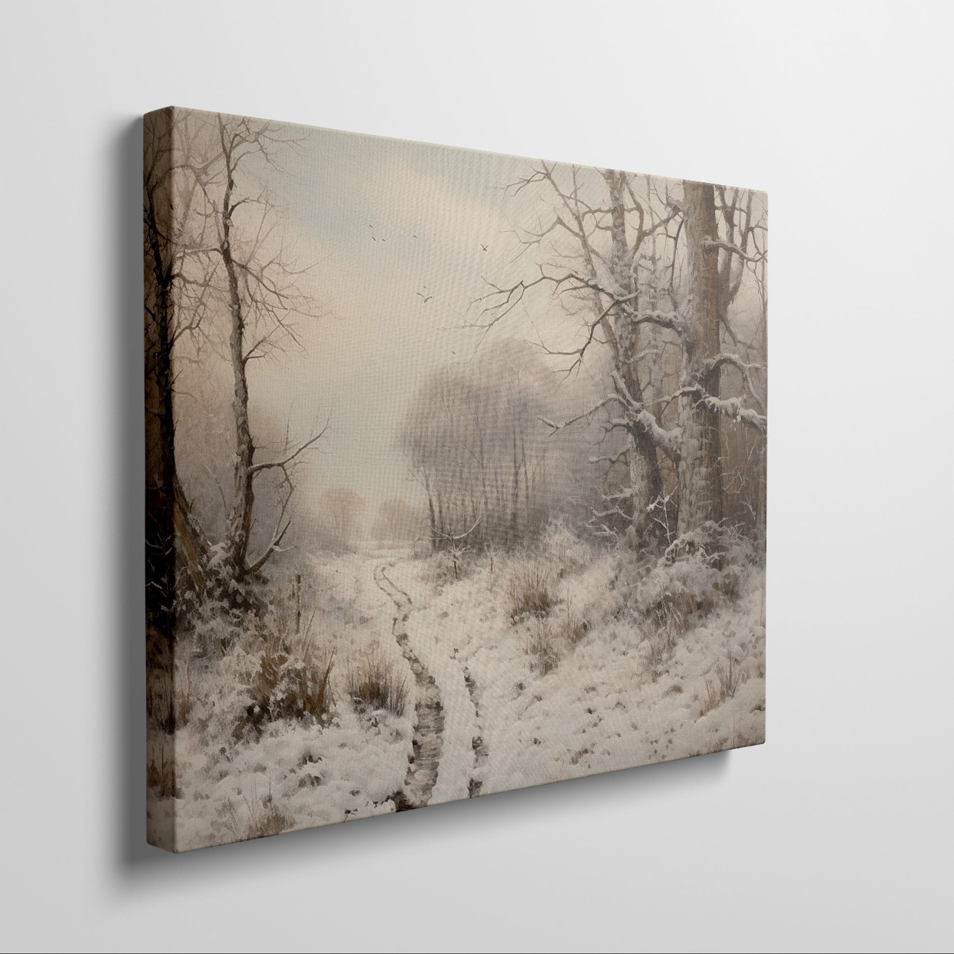 Framed canvas print of a tranquil winter landscape with snow-covered trees and a snowy path