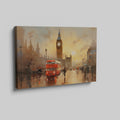 Framed canvas print of an impressionistic London cityscape featuring Big Ben and a red double-decker bus at sunset