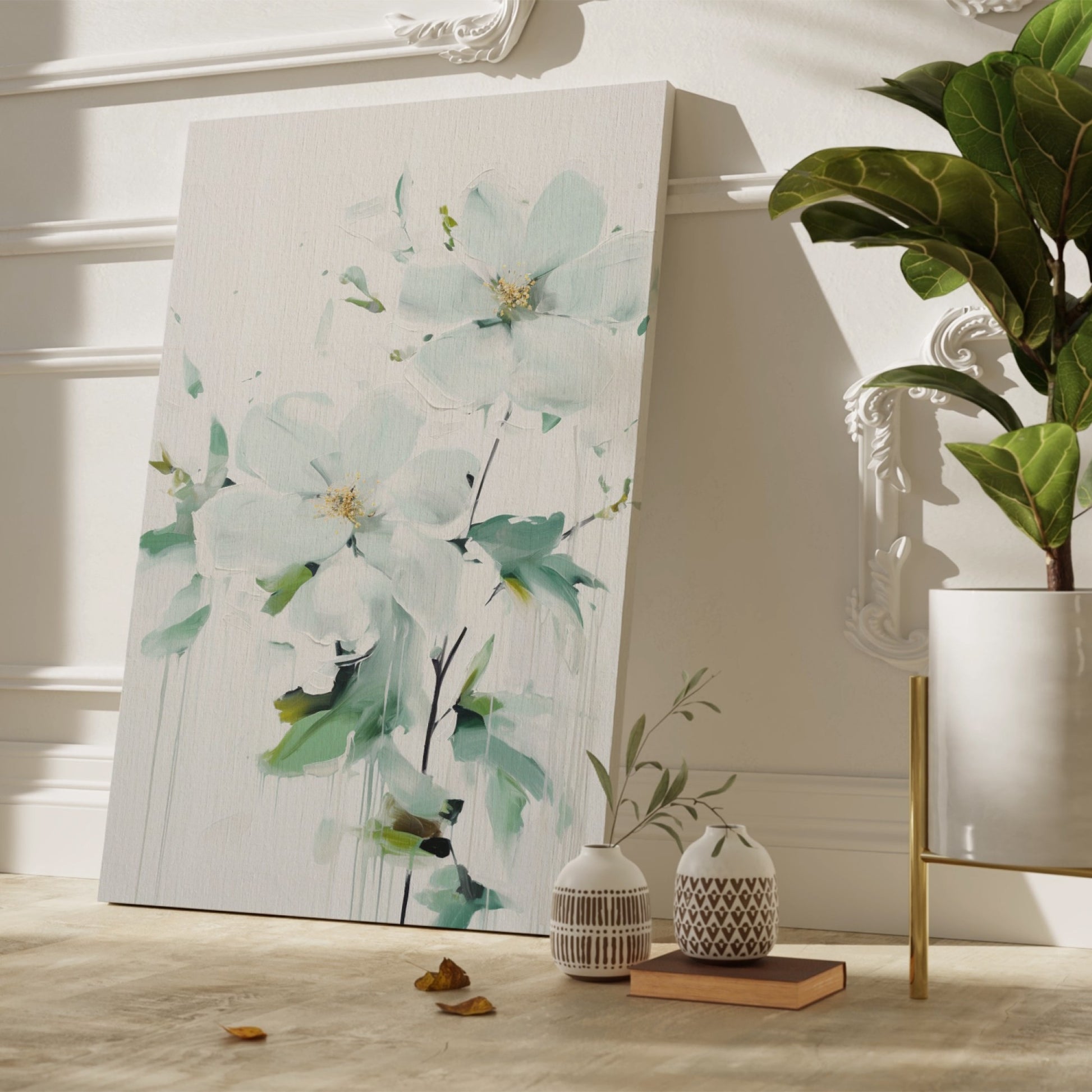 Framed canvas print of abstract white flowers with impasto technique and gentle dripping elements