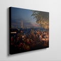 Framed canvas print of a romantic rooftop dining scene in Paris with Eiffel Tower in the background