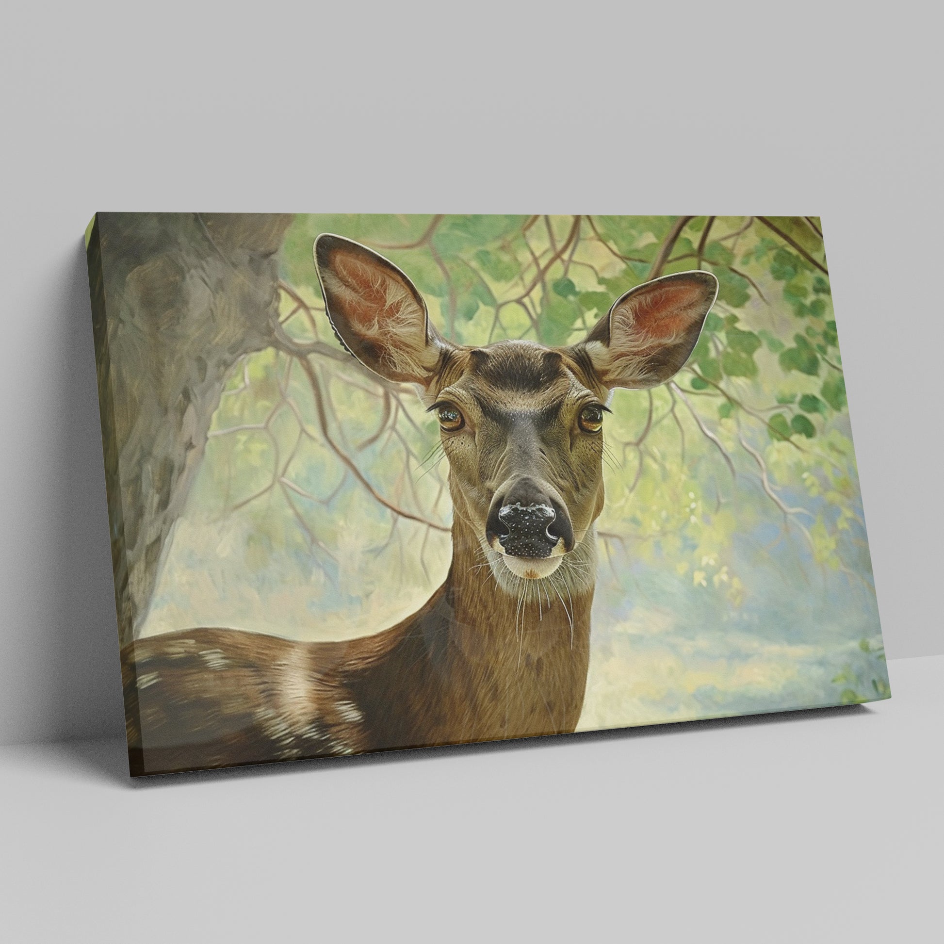 Framed canvas print of a detailed and serene deer portrait with a woodland backdrop in natural tones