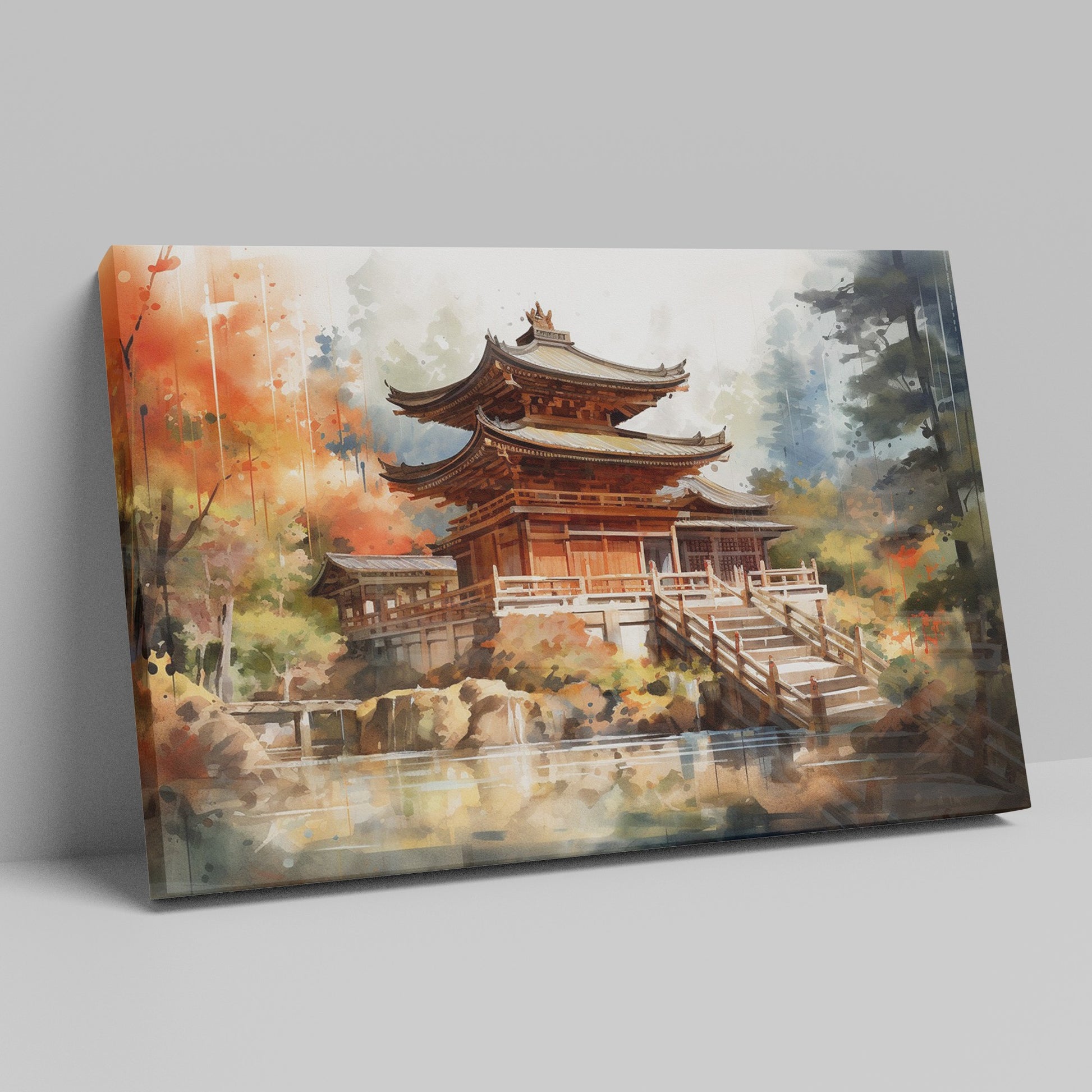 Framed canvas print of a Japanese temple amid autumn scenery with vibrant red and orange leaves