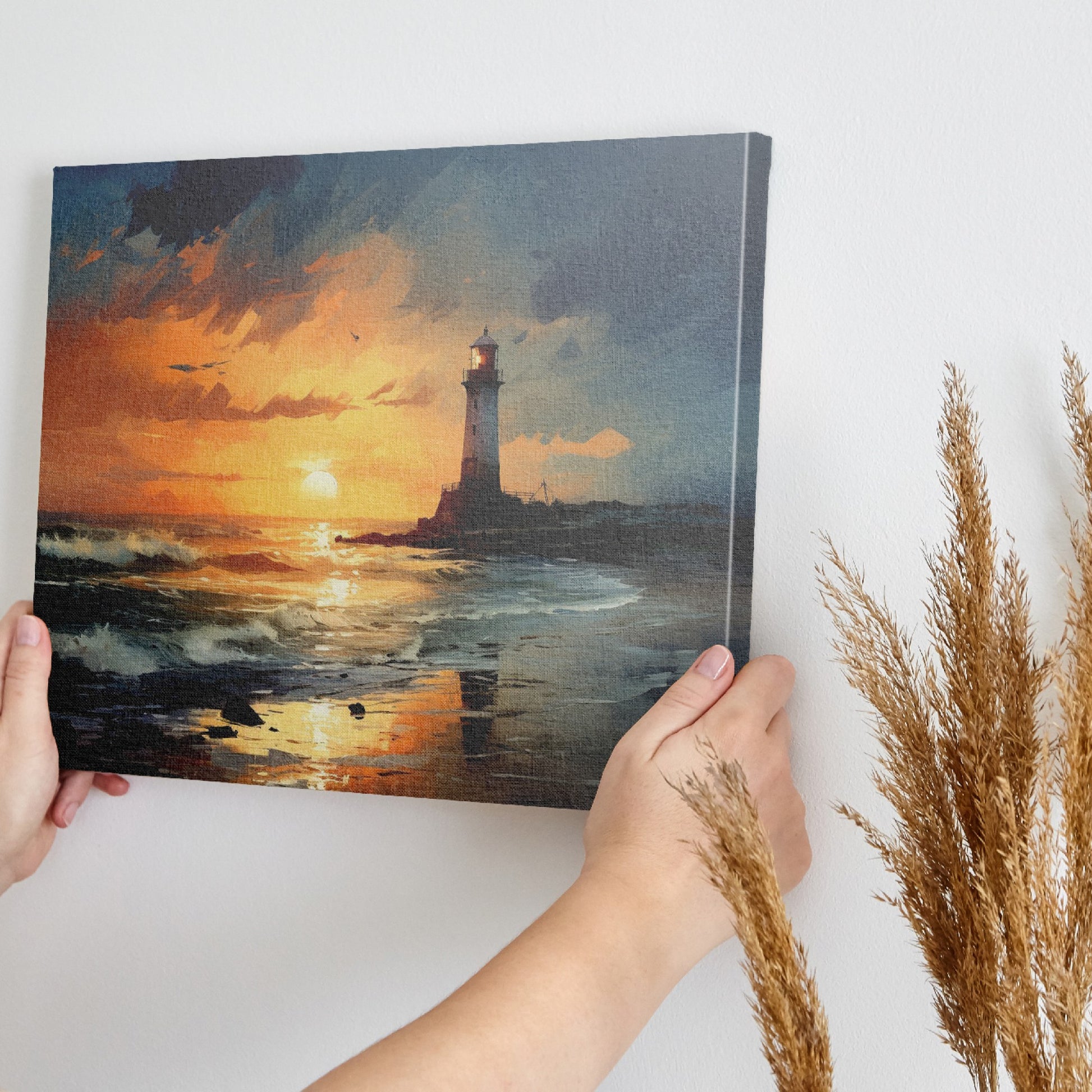 Framed canvas print of an impressionistic lighthouse seascape with vibrant sunset hues