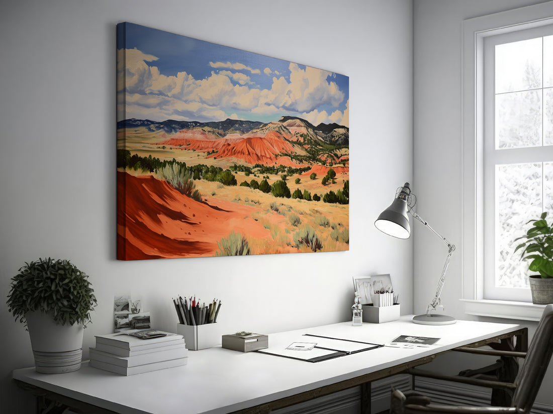 Framed canvas print of impressionistic desert hills with vivid red, earthy beige, and lush green tones