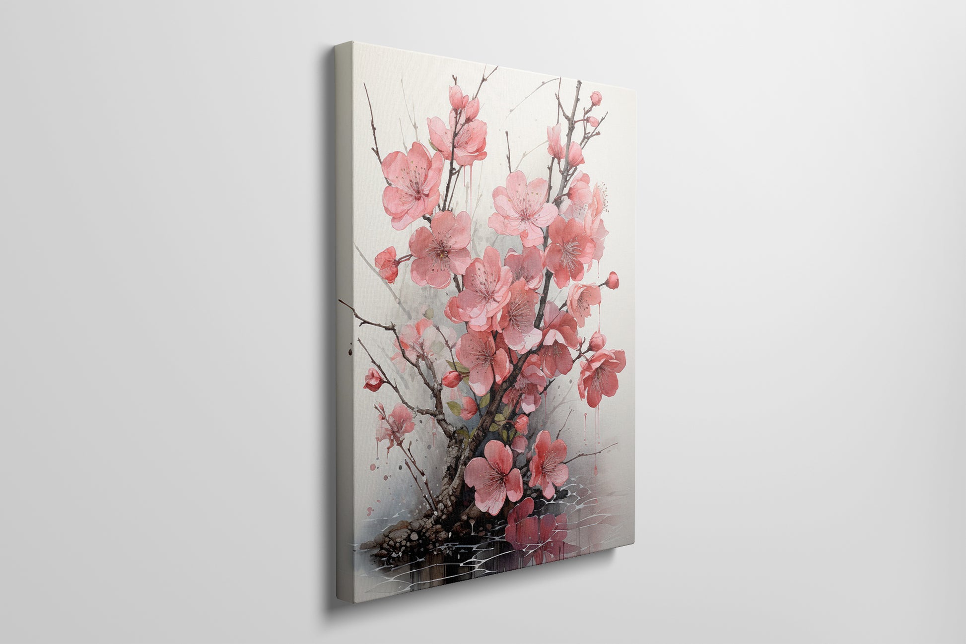 Framed canvas print of cherry blossoms with reflection and ink splashes