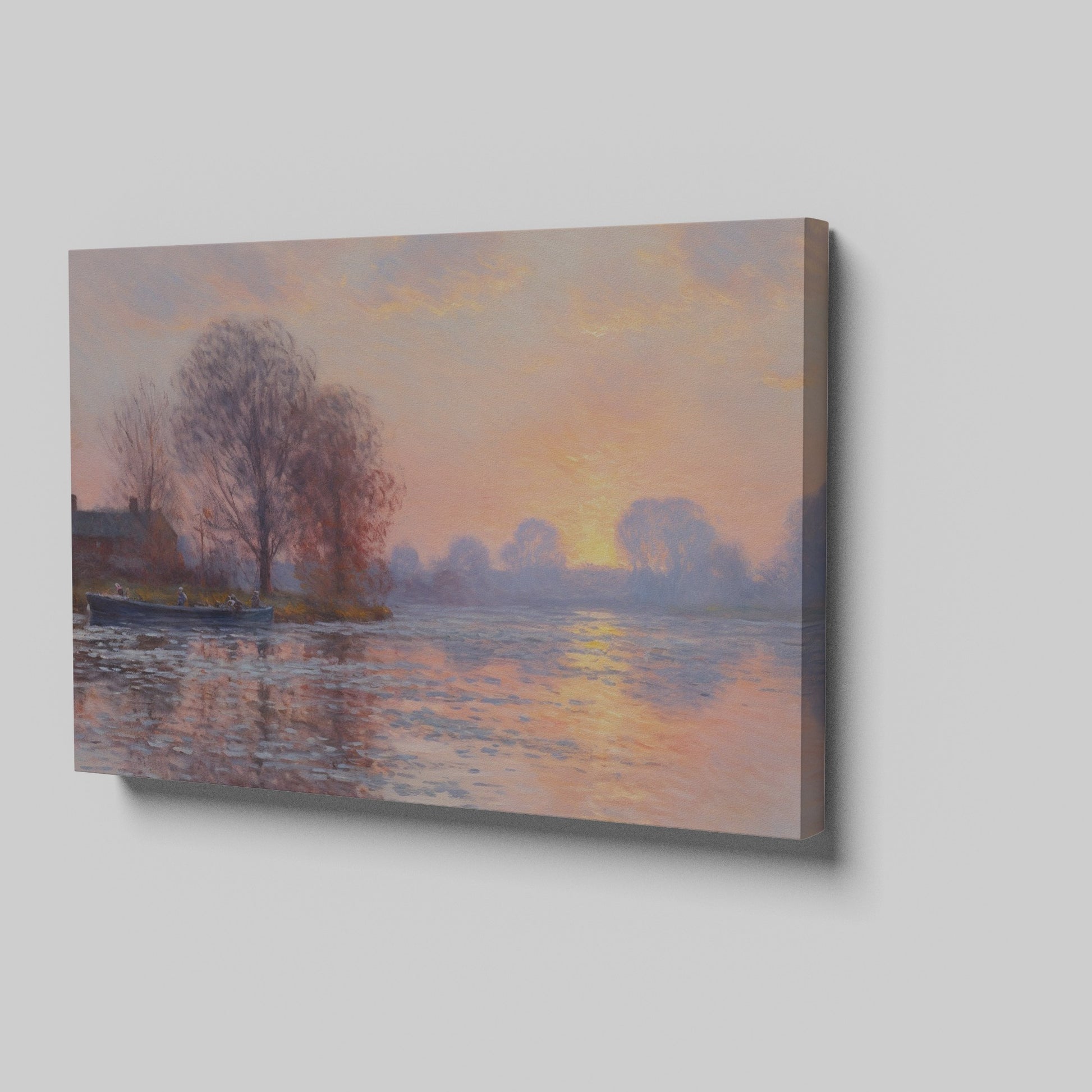 Framed canvas print of an Impressionist-style landscape with a sunset reflecting on a river