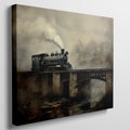 Framed canvas print of a vintage steam locomotive crossing a bridge amidst fog and autumnal trees