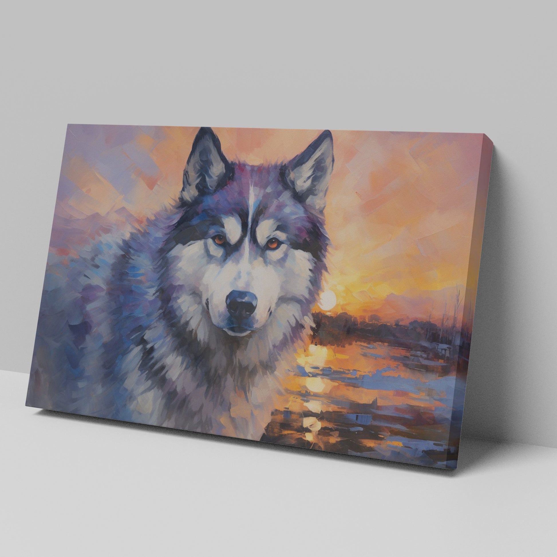 Framed canvas print of an impressionistic Siberian Husky with a vibrant sunset