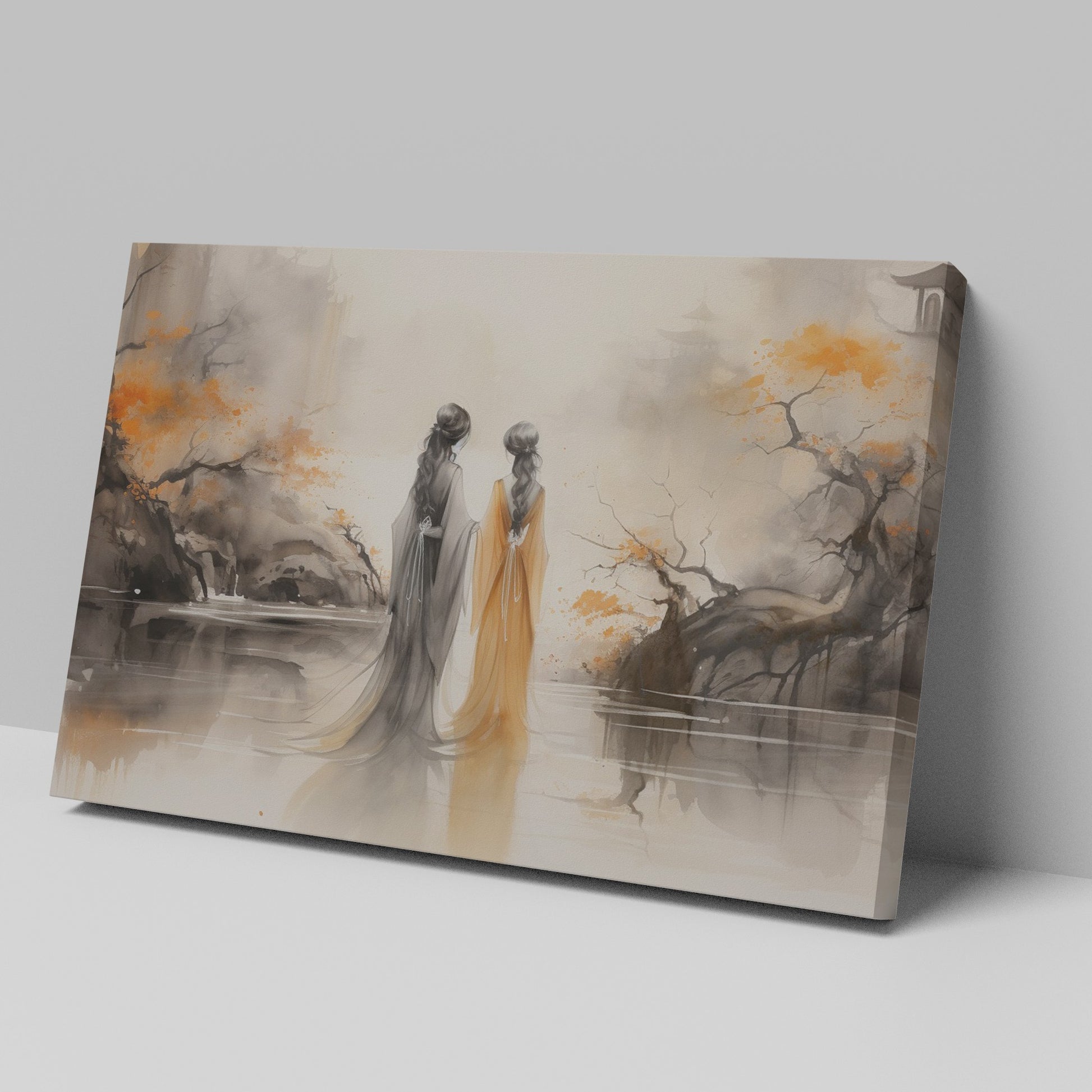 Framed canvas print of oriental ink wash painting with misty landscape and autumn hues