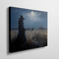 Framed canvas print of a woman in a twilight field under a glowing moon