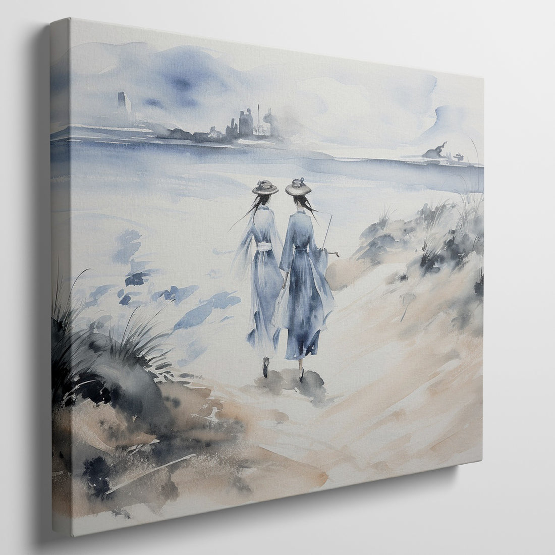 Watercolour painting of two figures in blue dresses walking towards a coastal landscape with a distant city