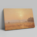 Framed canvas print of a misty, Impressionist-style sunset over a rustic countryside landscape with warm tones