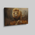 Framed canvas print of a regal lion striding through the misty savannah