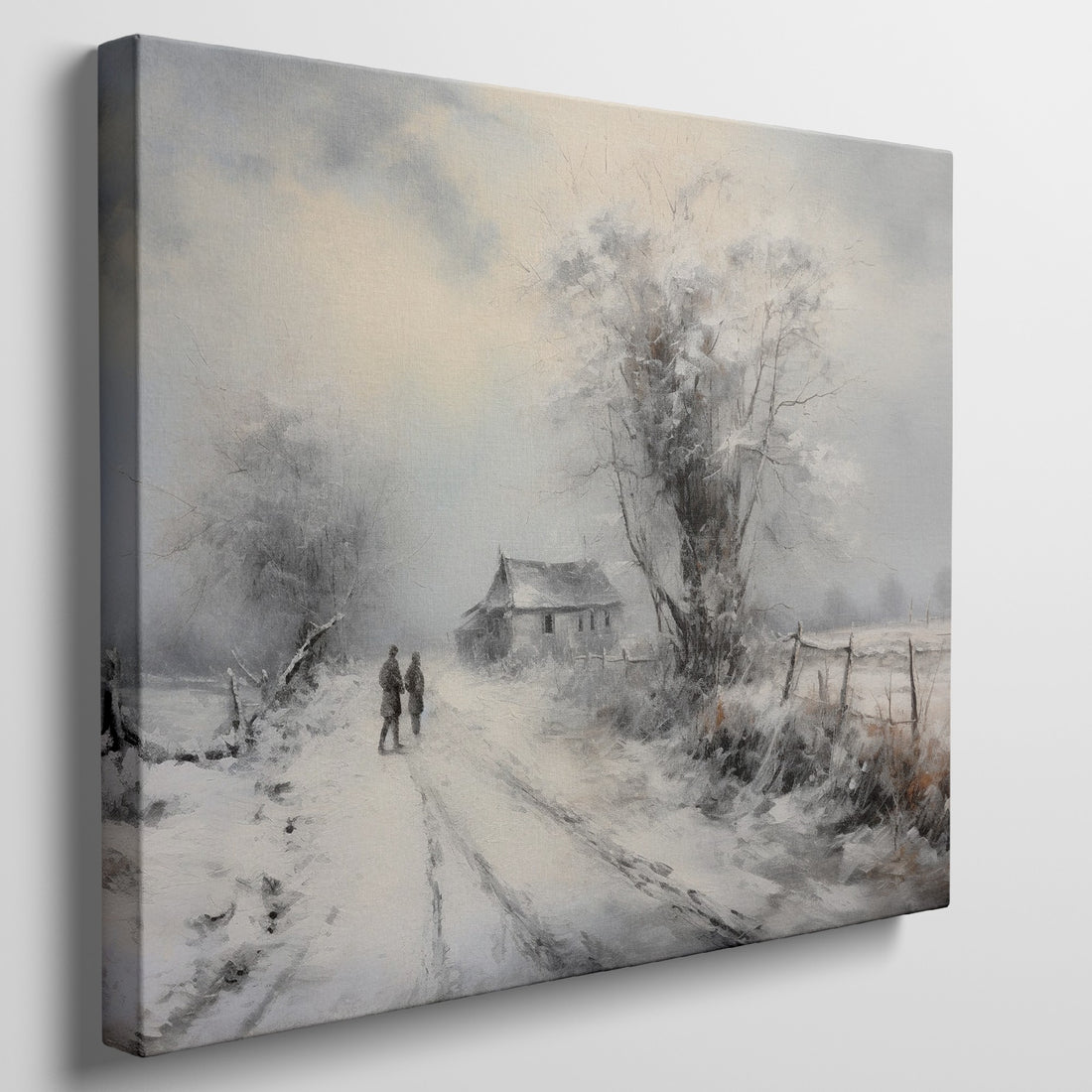 Framed canvas print of a snowy countryside scene with walking figures and a rustic cottage