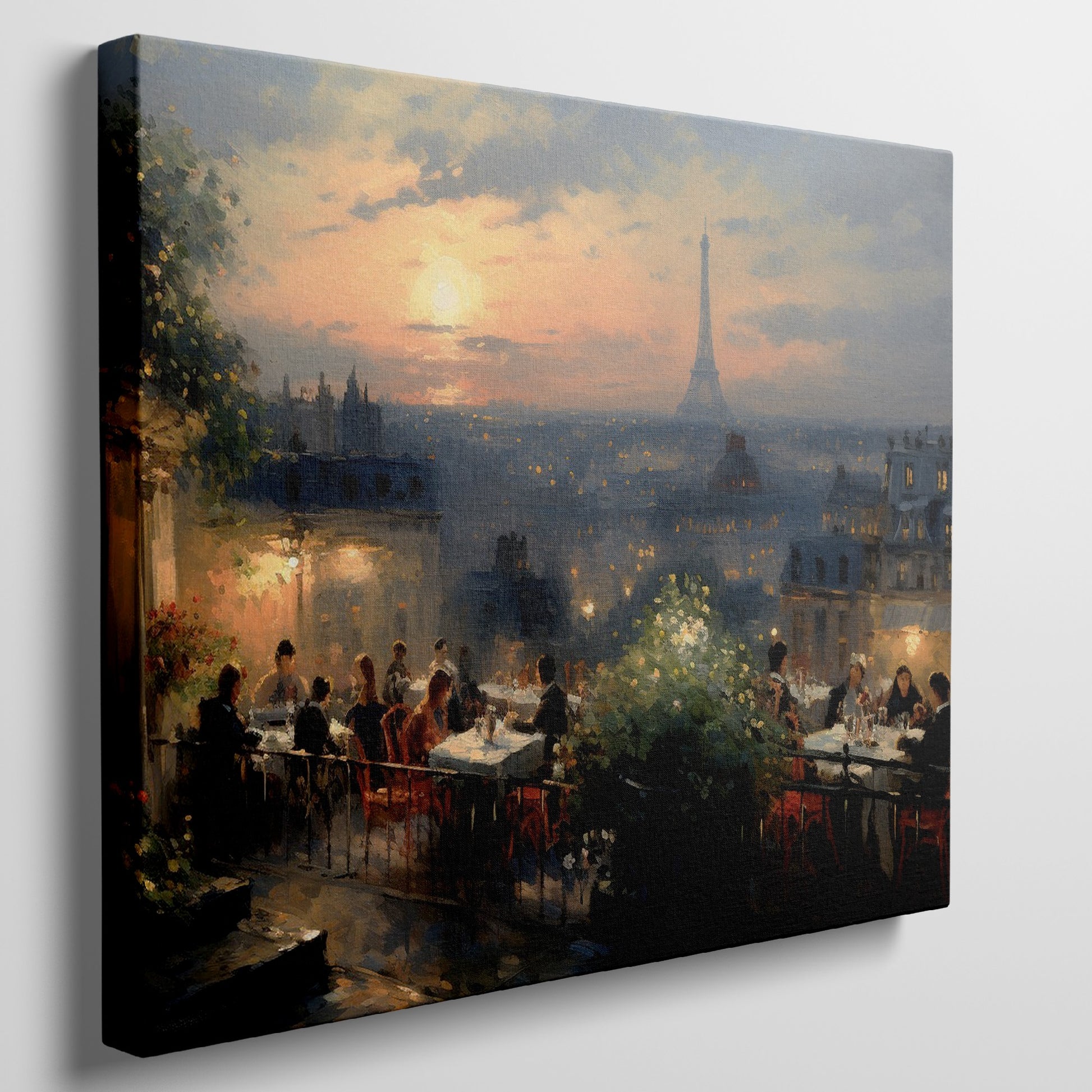 Framed canvas print of a Parisian sunset with diners on a balcony overlooking the Eiffel Tower