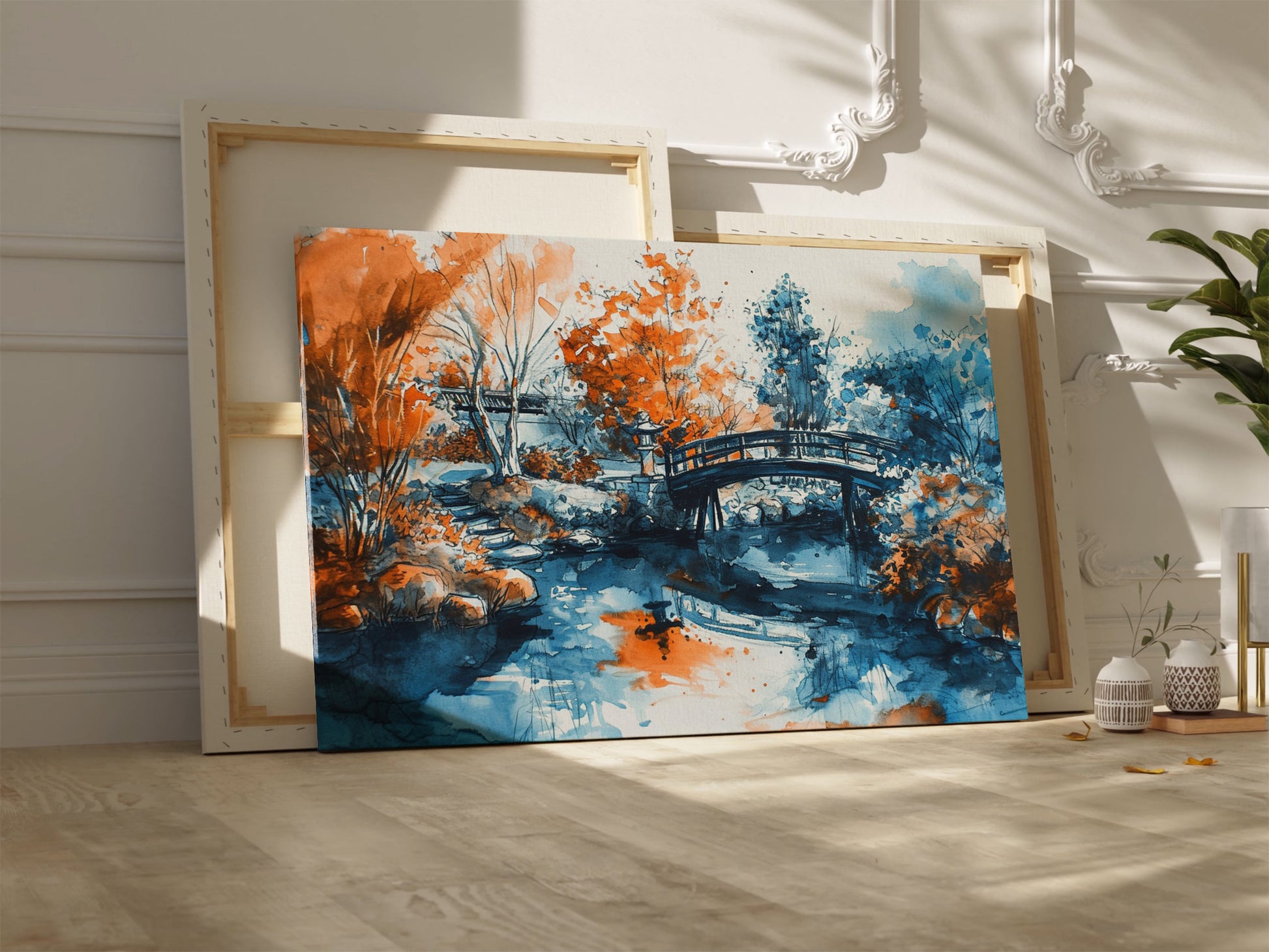 Framed canvas print of an Oriental garden scene with a bridge over water in autumnal hues of orange and blue