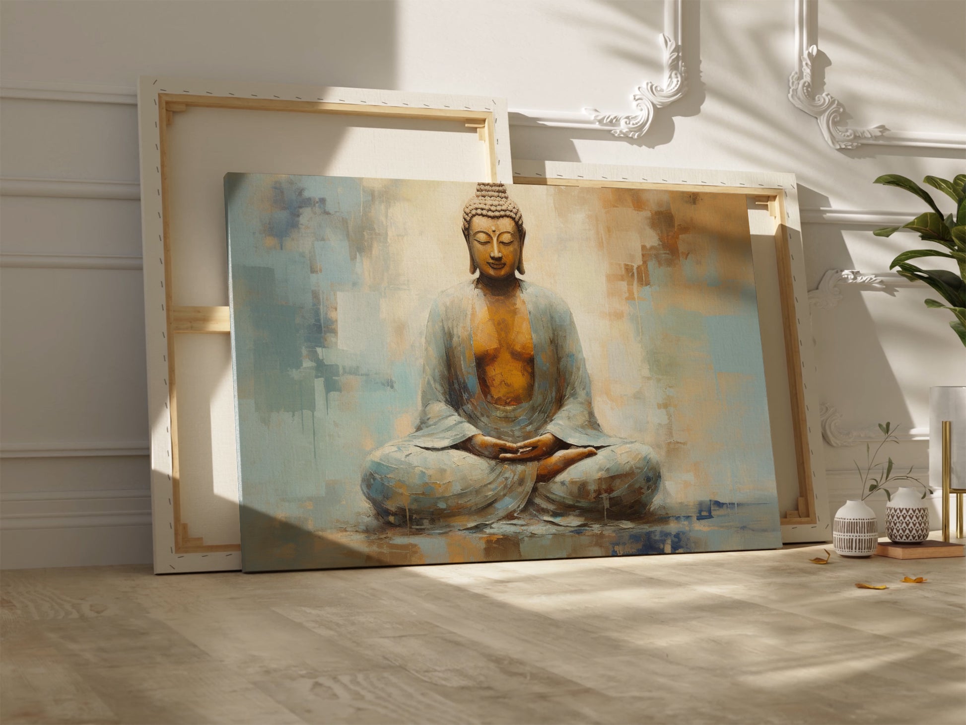 Framed canvas print of a serene Buddha in meditation with abstract elements and warm colour palette