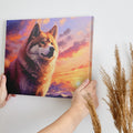 Framed canvas print of a majestic wolf against a vibrant sunset background in fiery tones