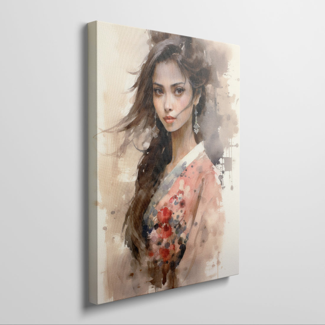 Framed canvas print of an elegant woman in a watercolour style, with a warm palette and floral kimono