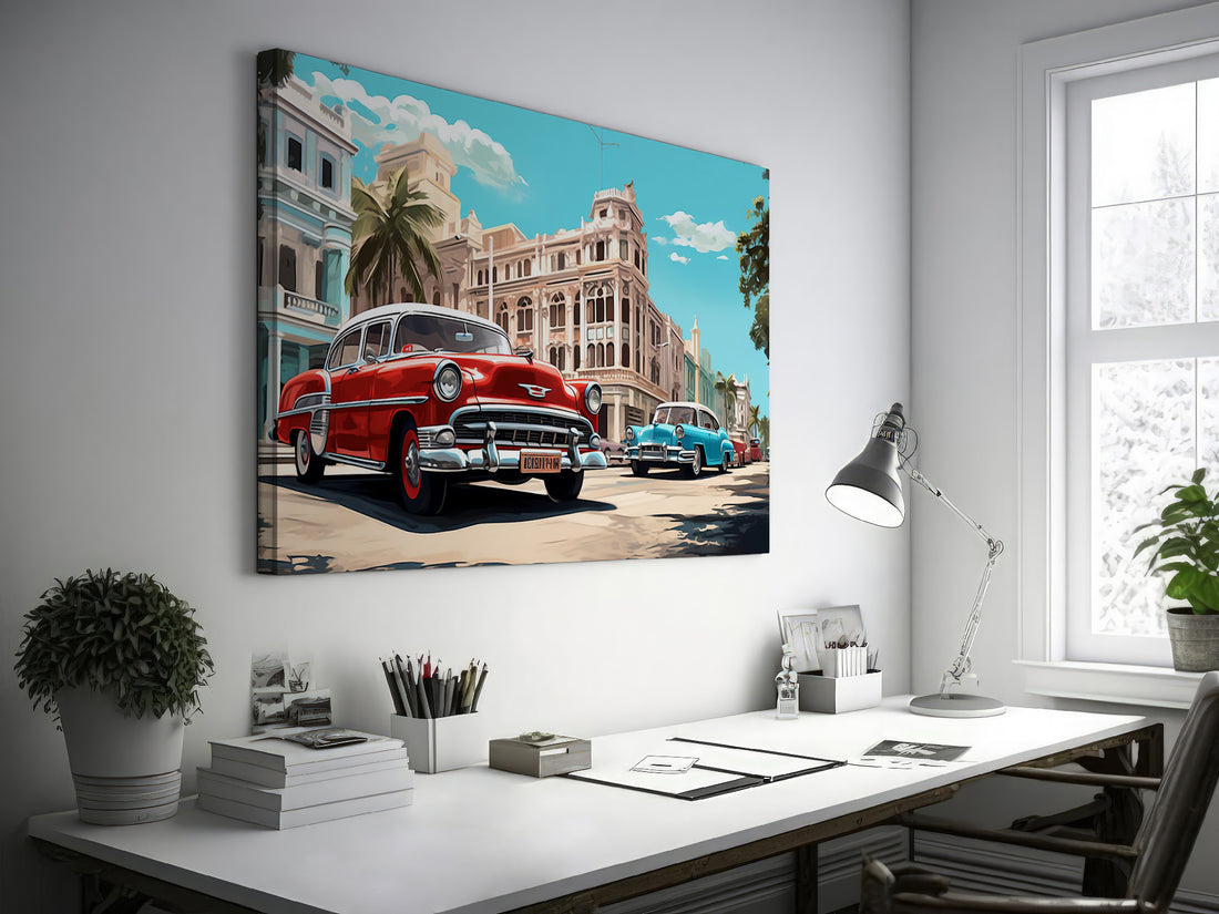 Framed canvas print of vintage cars and historic urban street scene in vibrant colours