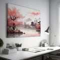 Framed canvas print of oriental landscape with cherry blossoms and pagoda