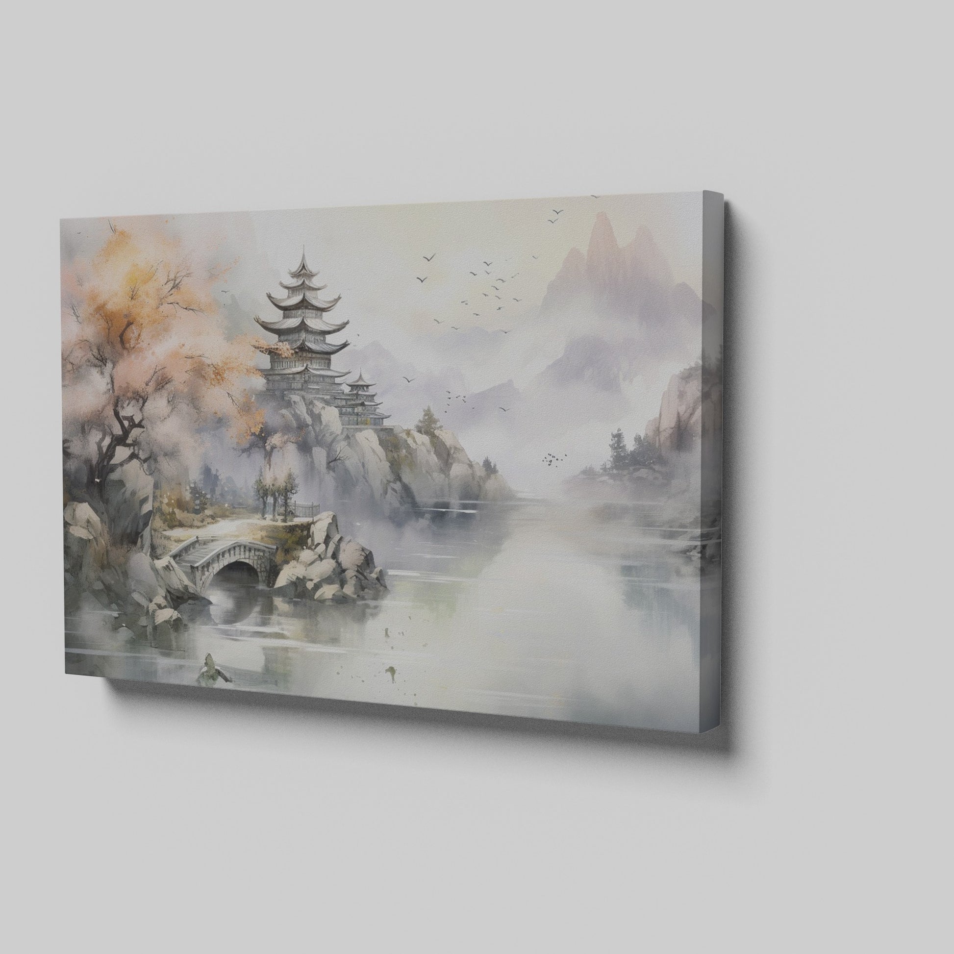 Framed canvas print of a traditional Oriental landscape with pagoda, autumn trees, and misty mountains