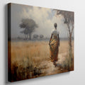 Framed canvas print of an impressionist African Savannah with a woman in traditional dress and elephant herd