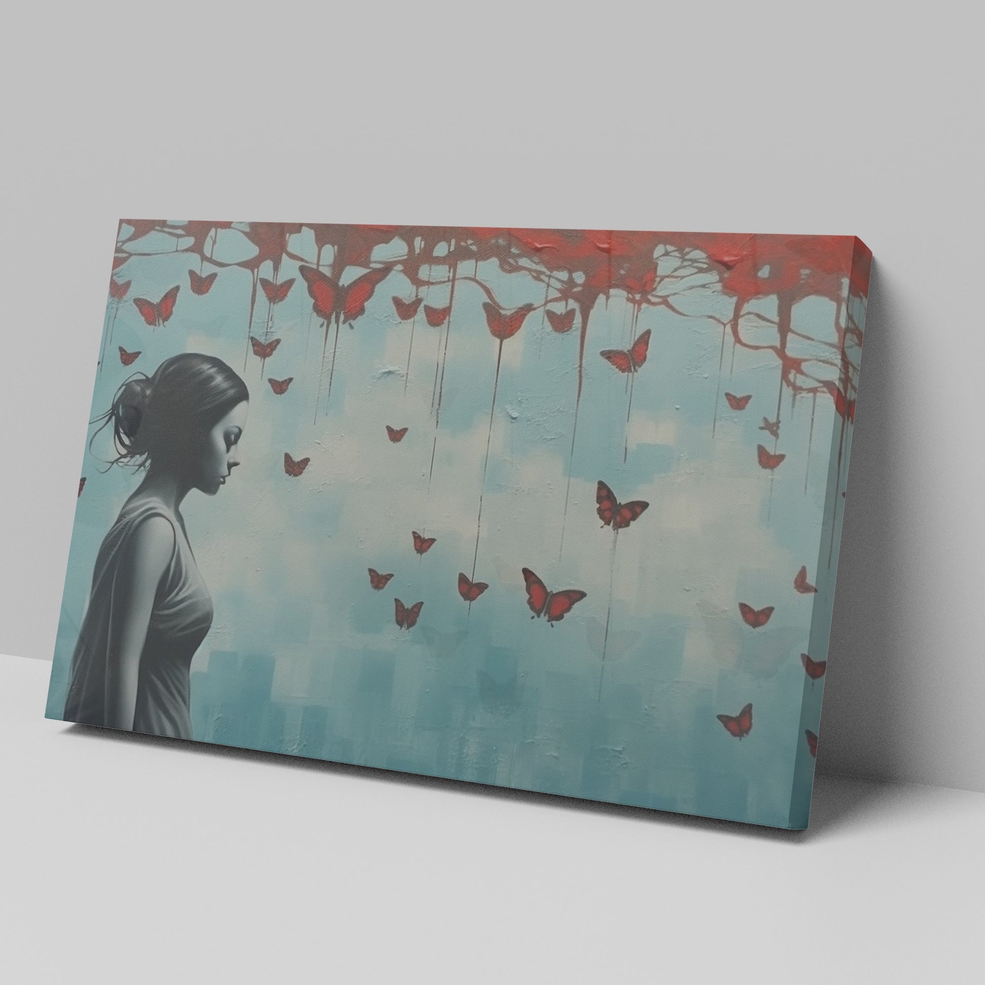 Framed canvas print of a female silhouette with red butterflies against an urban backdrop