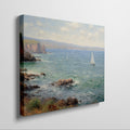 Framed canvas print of an impressionist painting depicting sailing boats on a serene sea beside a coastal cliff