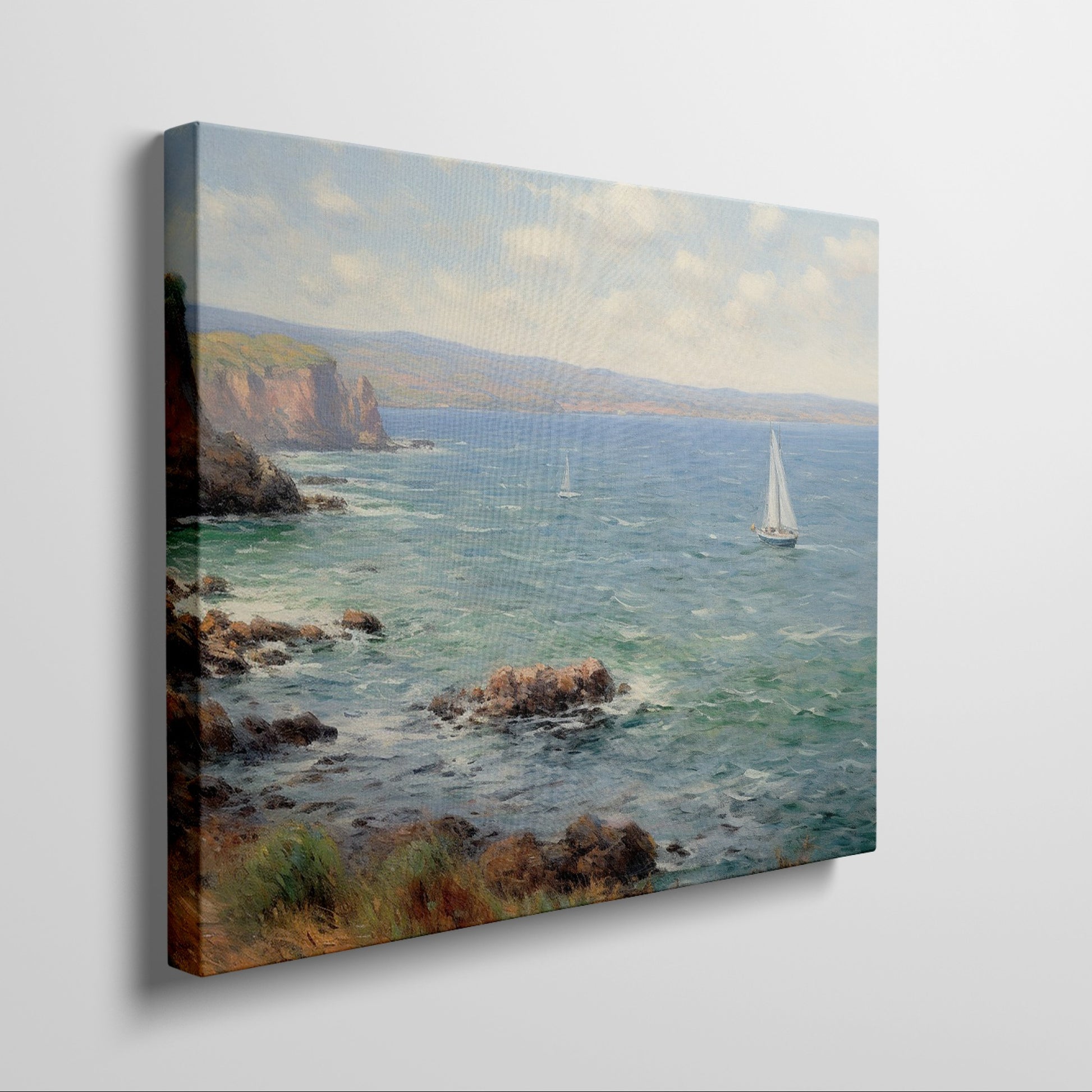 Framed canvas print of an impressionist painting depicting sailing boats on a serene sea beside a coastal cliff